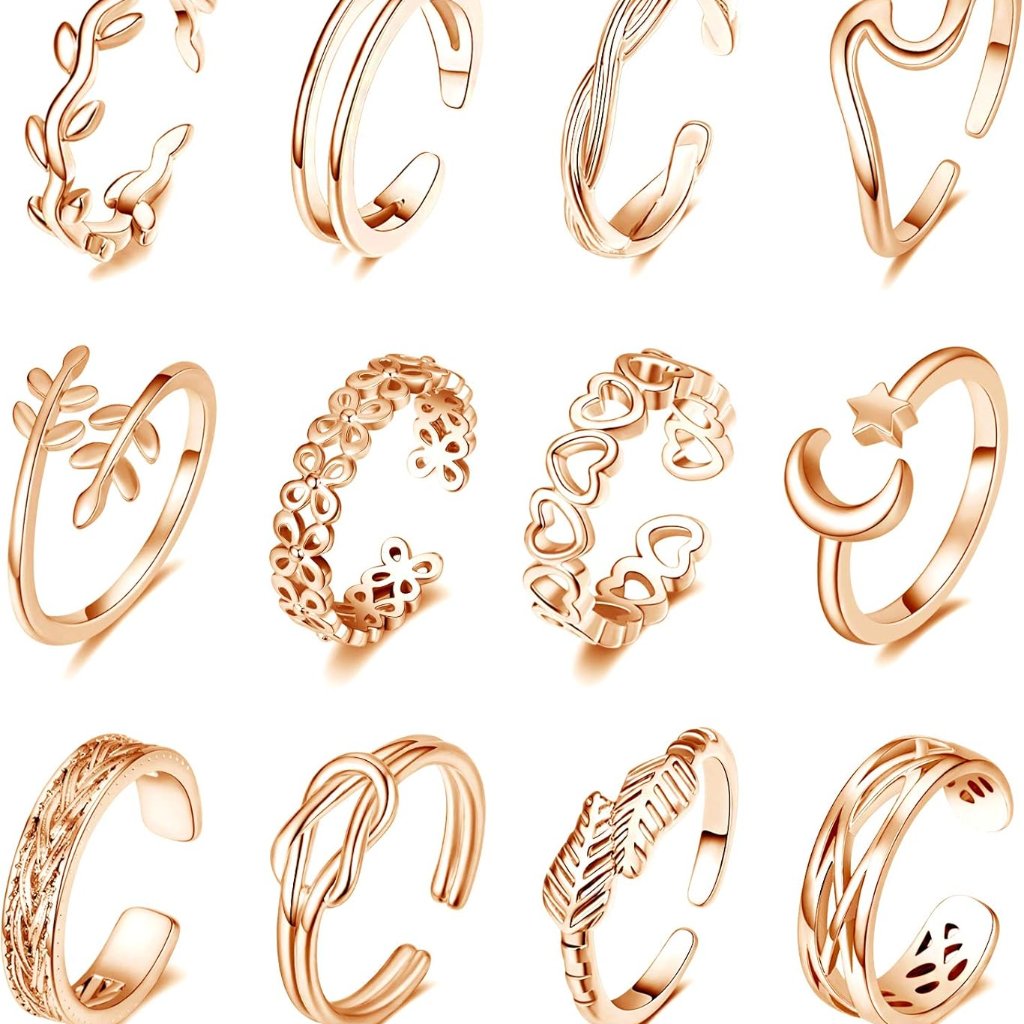 12pcs 18k Gold Plated Adjustable Toe Rings For Women Summer Beach Open Toe Rings